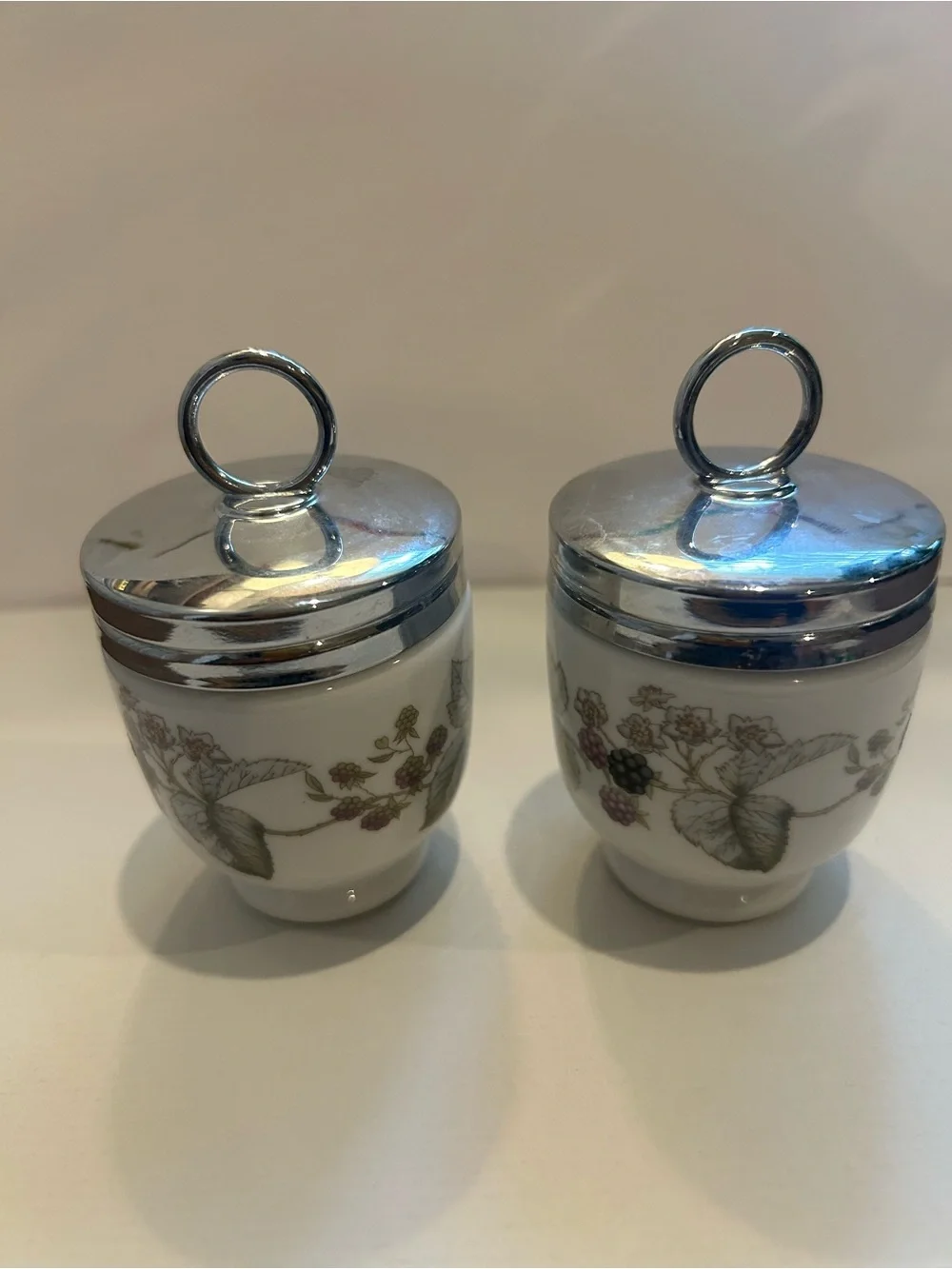 Porcelain Egg Cups with Silver Lids and Berry Motif - Picture 12 of 13